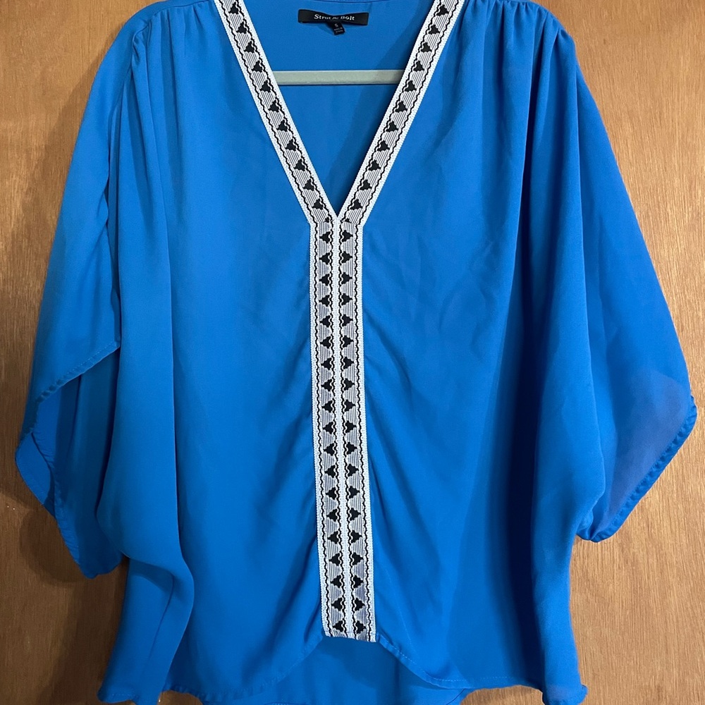Embellished Blue Tunic with Boxy Fit and Wide Sleeves